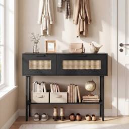 Costway Rattan Console Table Boho Entryway Table w/ Flip Doors & Open Shelf in Black - thumbnail 6