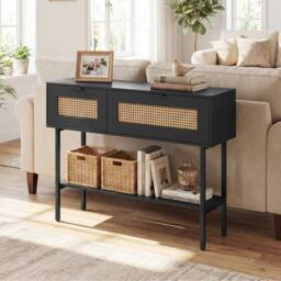 Costway Rattan Console Table Boho Entryway Table w/ Flip Doors & Open Shelf in Black - thumbnail 3