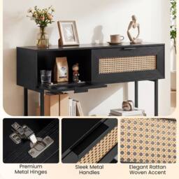 Costway Rattan Console Table Boho Entryway Table w/ Flip Doors & Open Shelf in Black - thumbnail 9