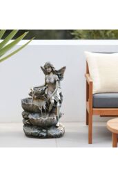 H&O Direct Outdoor Garden Fairy Solar Resin Water Fountain in Grey - thumbnail 1