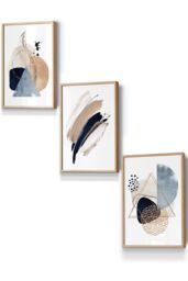 ARTZE Framed Abstract Blue Beige Watercolour Shapes Framed Wall Art - Small in Light Oak - Size: W33 cm x H45 cm x D20mm