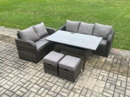 Fimous Outdoor Garden Patio Furniture Wicker Rattan Oblong Rectangular Dining Table & Lounge Sofa set with 2 Small Footstools Dark Grey Mixed - thumbnail 2
