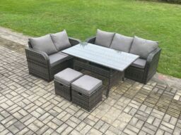 Fimous Outdoor Garden Patio Furniture Wicker Rattan Oblong Rectangular Dining Table & Lounge Sofa set with 2 Small Footstools Dark Grey Mixed - thumbnail 1