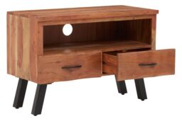 Orsina Two‑Drawer Acacia Media Unit, Natural Acacia Wood TV Cabinet with Open Shelf, Iron Legs Media Console - thumbnail 4