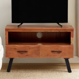Orsina Two‑Drawer Acacia Media Unit, Natural Acacia Wood TV Cabinet with Open Shelf, Iron Legs Media Console