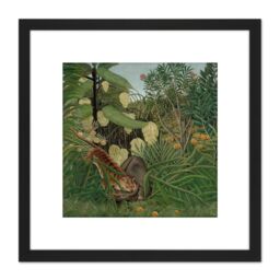 Artery8 Rosseau Fight Between A Tiger & A Buffalo 1908 8X8 Inch Square Wooden Framed Wall Art Print Picture with Mount in Black - thumbnail 1