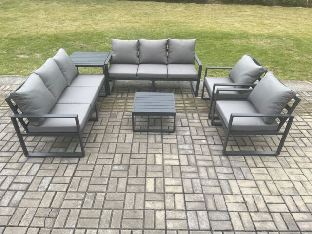 Fimous Aluminium Outdoor Lounge Sofa Set Garden Furniture Sets with Square Coffee Table 2 Chairs Side Table Dark Grey 8 Seater - image 1