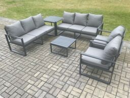 Fimous Aluminium Outdoor Lounge Sofa Set Garden Furniture Sets with Square Coffee Table 2 Chairs Side Table Dark Grey 8 Seater - thumbnail 2