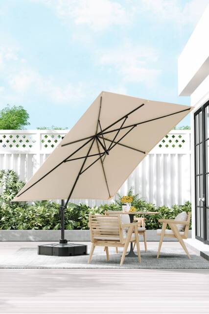 H&O Direct 3m x 3m Square Rotating Outdoor Cantilever Parasol with Plastic Base in Beige