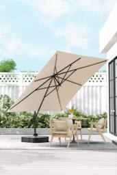 H&O Direct 3m x 3m Square Rotating Outdoor Cantilever Parasol with Plastic Base in Beige - thumbnail 1