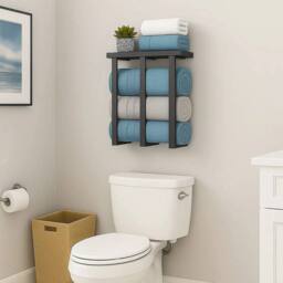 Nordara Black 3-Bar Towel Rack w/ Shelf Iron & Wood - thumbnail 4