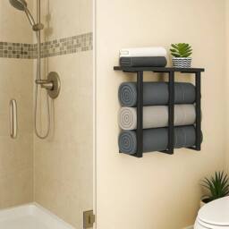 Nordara Black 3-Bar Towel Rack w/ Shelf Iron & Wood - thumbnail 5