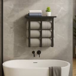 Nordara Black 3-Bar Towel Rack w/ Shelf Iron & Wood - thumbnail 3