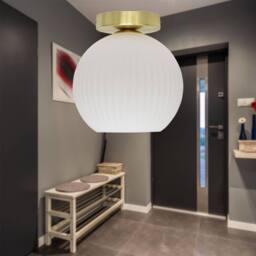 First Choice Lighting Betchley - White Ribbed Glass Globe Satin Brass Ceiling Light Fitting - thumbnail 3