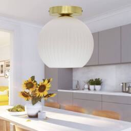 First Choice Lighting Betchley - White Ribbed Glass Globe Satin Brass Ceiling Light Fitting - thumbnail 4