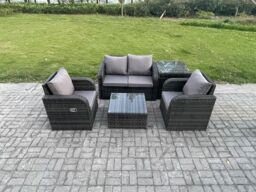 Fimous Wicker PE Rattan Garden Furniture Set Outdoor Lounge Sofa Set with Love Sofa Coffee Table Side Table in Dark Grey - thumbnail 1