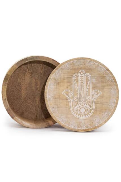 KDMD Big Round Box 17.5x7.5cm - Hamsa Whitewash in Brown - Size: 17.5x7.5 cm - image 1