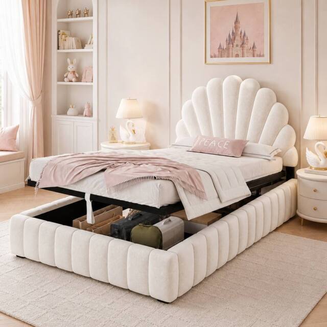Matteo Women's 3FT Single Ottoman Storage Bed - Velvet Princess Shell Headboard in Beige - image 1
