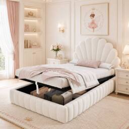 Matteo Women's 3FT Single Ottoman Storage Bed - Velvet Princess Shell Headboard in Beige - thumbnail 2