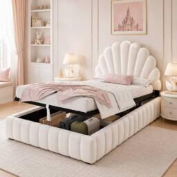 Matteo Women's 3FT Single Ottoman Storage Bed - Velvet Princess Shell Headboard in Beige