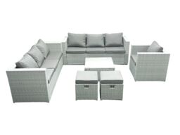 Fimous Wicker PE Rattan Sofa Garden Furniture Set with Armchair Square Coffee Table 2 Small Footstools Light Grey Mixed - thumbnail 1