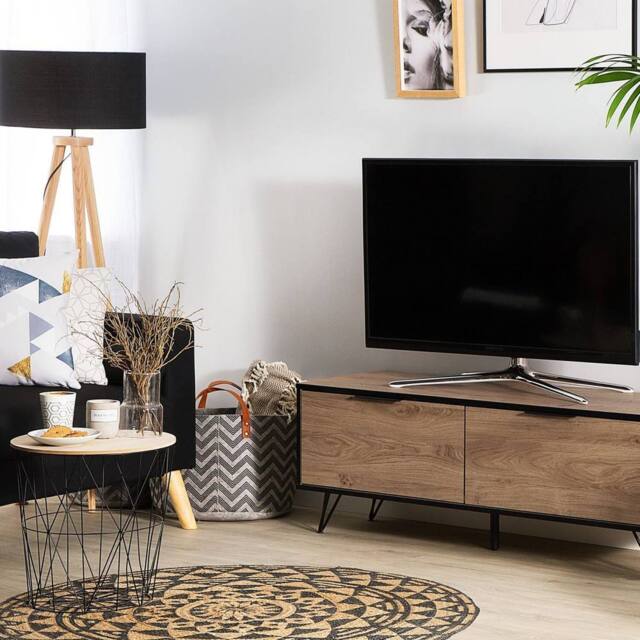 Wyld and Coco TV Stand for 55-inch TV - Light Wood and Black Metal Cabinets in Brown - image 1