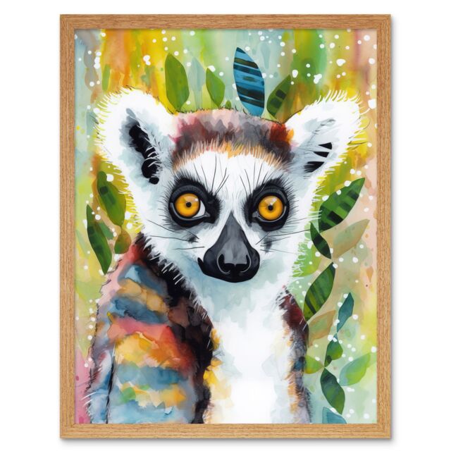 "Artery8 Wall Art Print Lemur Portrait Folk Art Watercolour Painting Art Framed in Light Oak - Size: W12"" x H16""" - image 1