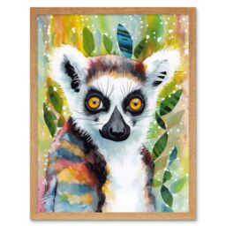 "Artery8 Wall Art Print Lemur Portrait Folk Art Watercolour Painting Art Framed in Light Oak - Size: W12"" x H16""" - thumbnail 1