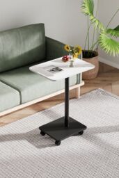 Living and Home Modern Minimalist C Shaped Side Table with Lockable Wheels in Off-White - thumbnail 1