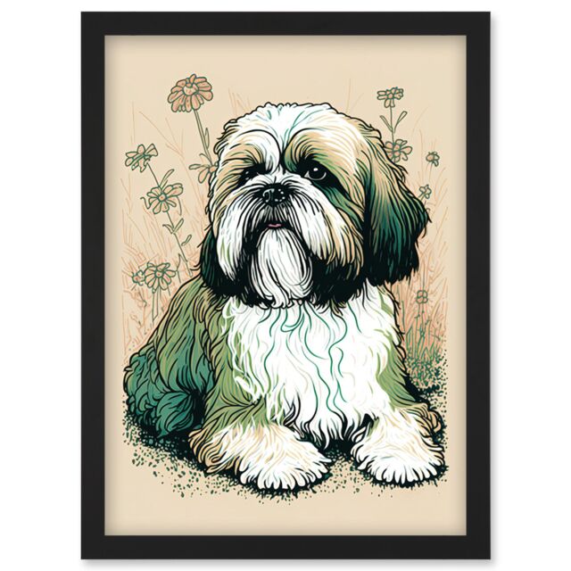 Artery8 Shih Tzu Dog with Daisies Modern Multicoloured Linocut Illustration Artwork Framed Wall Art Print A4 in Black - image 1