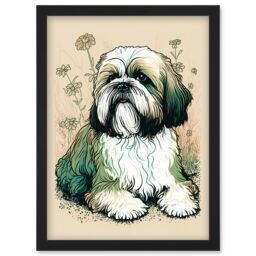 Artery8 Shih Tzu Dog with Daisies Modern Multicoloured Linocut Illustration Artwork Framed Wall Art Print A4 in Black - thumbnail 1