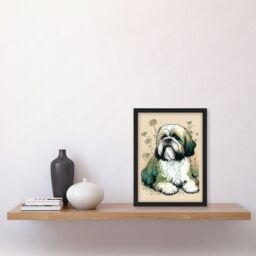 Artery8 Shih Tzu Dog with Daisies Modern Multicoloured Linocut Illustration Artwork Framed Wall Art Print A4 in Black - thumbnail 2