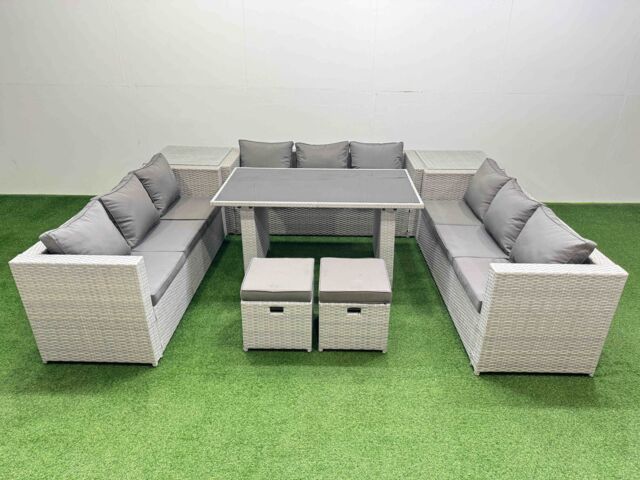 Fimous Patio Outdoor Garden Furniture Sets with 2 Side Tables 2 Small Stool in Light Grey