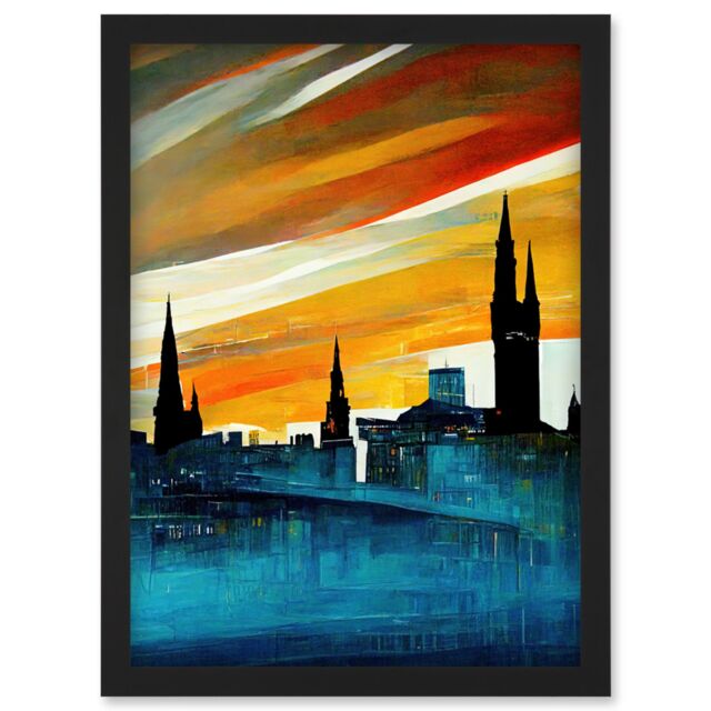 Artery8 Dramatic Glasgow City Skyline Modern Artwork Framed Wall Art Print A4 in Black - image 1