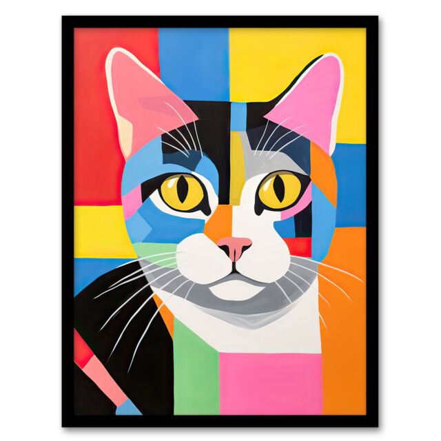 Artery8 Wall Art Print Abstract Tabby Cat Oil Painting Vibrant Geometric Fun Pet Portrait Artwork Framed - Size: A4 - image 1