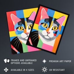 Artery8 Wall Art Print Abstract Tabby Cat Oil Painting Vibrant Geometric Fun Pet Portrait Artwork Framed - Size: A4 - thumbnail 2