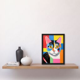 Artery8 Wall Art Print Abstract Tabby Cat Oil Painting Vibrant Geometric Fun Pet Portrait Artwork Framed - Size: A4 - thumbnail 4
