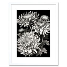 "Artery8 Wall Art Print Detailed Black & White Chrysanthemum Flowers Artwork Framed 9X7 Inch - Size: W7"" x H9""" - thumbnail 1