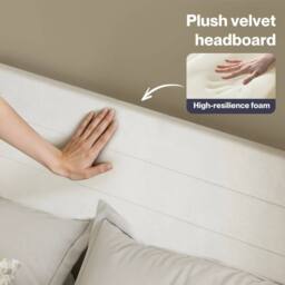 VOGREX Double Velvet Upholstered Bed Frame Foam Headboard Slat Support in White - thumbnail 4