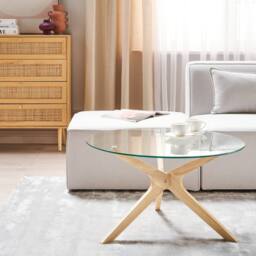 Wyld and Coco 80 cm Round Coffee Table - Tempered Glass Top Light Rubberwood Legs in Clear