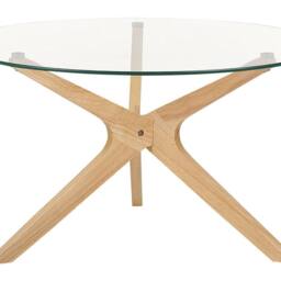 Wyld and Coco 80 cm Round Coffee Table - Tempered Glass Top Light Rubberwood Legs in Clear - thumbnail 2