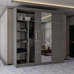 MN Furniture Wardrobe Modern Sliding Mirror Door - LED Light 203cm x 217cm in Grey - Size: 203 cm x 217 cm - thumbnail 3
