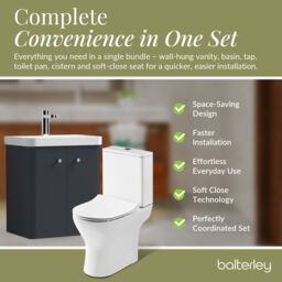 Balterley Wall Hung 2 Door Bathroom Vanity Unit, Tap & Toilet Pack, Grey, 479mm in Grey - thumbnail 7
