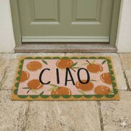 Madison & Mayfair Ciao Doormat with Orange Design in Coir in Brown - Size: 44 cm x 75 cm - thumbnail 1