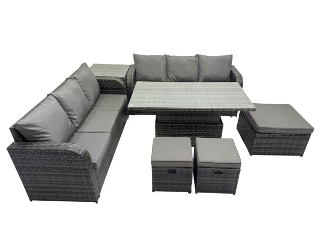 Fimous Rattan Garden Furniture Set 9-seater with Side Table 3 Footstools in Dark Grey - image 1
