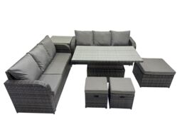 Fimous Rattan Garden Furniture Set 9-seater with Side Table 3 Footstools in Dark Grey - thumbnail 1