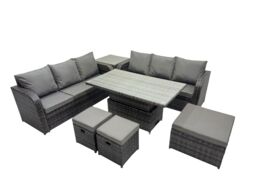 Fimous Rattan Garden Furniture Set 9-seater with Side Table 3 Footstools in Dark Grey - thumbnail 2