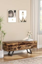 H&O Direct Industrial Style Wooden Flip Top Storage Bench Storage Cabinet in Brown - thumbnail 2