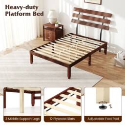 VOGREX Double Solid Wood Bed Retro Headboard Walnut in Brown - thumbnail 4