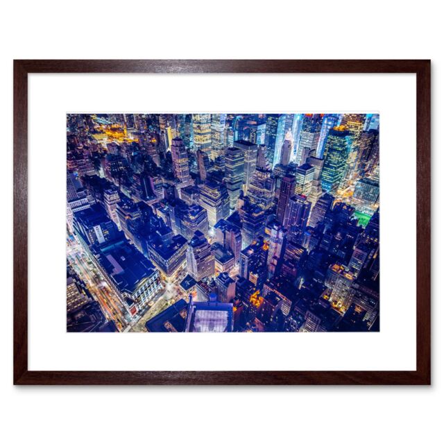 "Artery8 Wall Art Print Aerial View New York Night Framed in Brown - Size: W7"" x H9""" - image 1